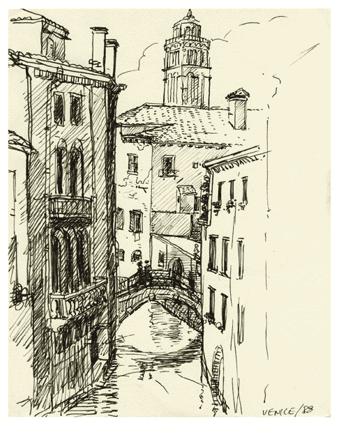 Street in Venice with bridge