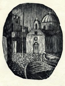 Greek island church, wood engraving