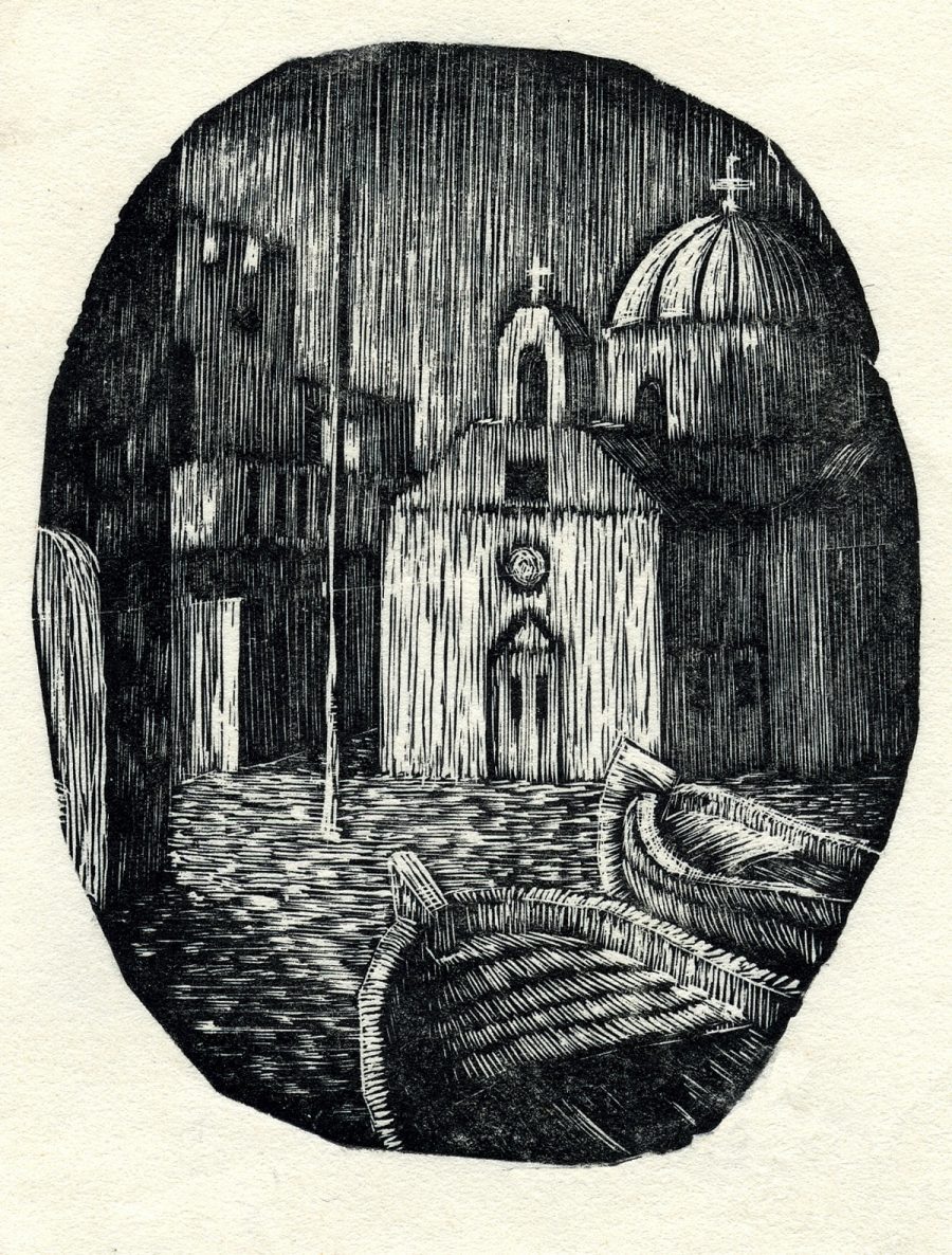Greek island church, wood engraving